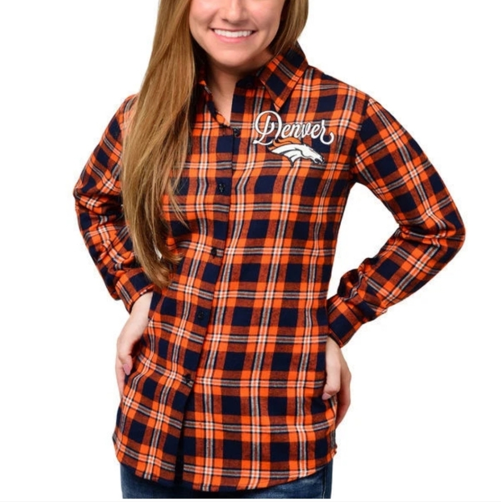 Women's Denver Broncos Orange Wordmark Flannel Button-Up LS Shirt NEW Xl